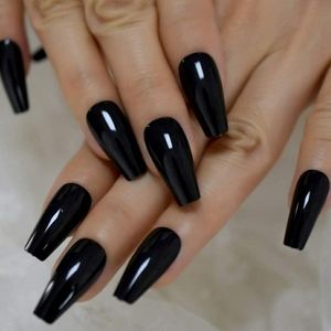 XLONG BLACK GLOSSY SQUARED NAILS PRESS ON GLUE ON